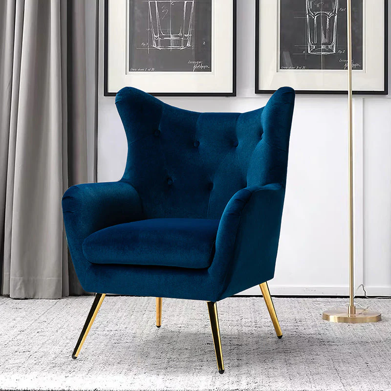 Velvet Wingback Button-Tufted Armchair with Flared Arms, Foam Fill & Gold Metal Legs | Navy / Orange / Mustard / Teal / Black / Ivory / Green / Tan / Sage / Blue / Fuchsia | Single Seat