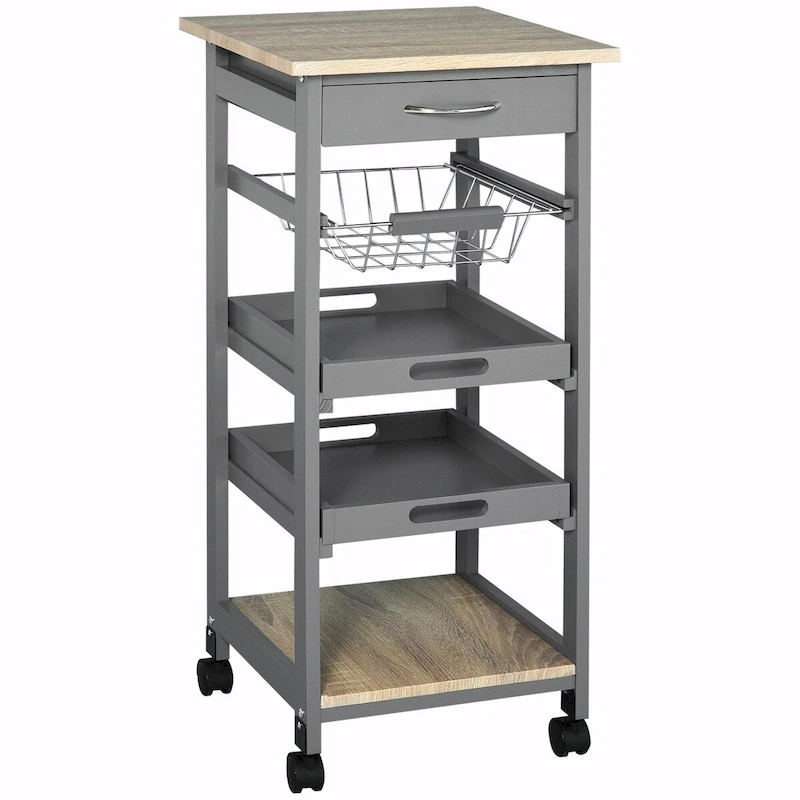 Rolling Kitchen Island Cart with Drawer & Wire Basket