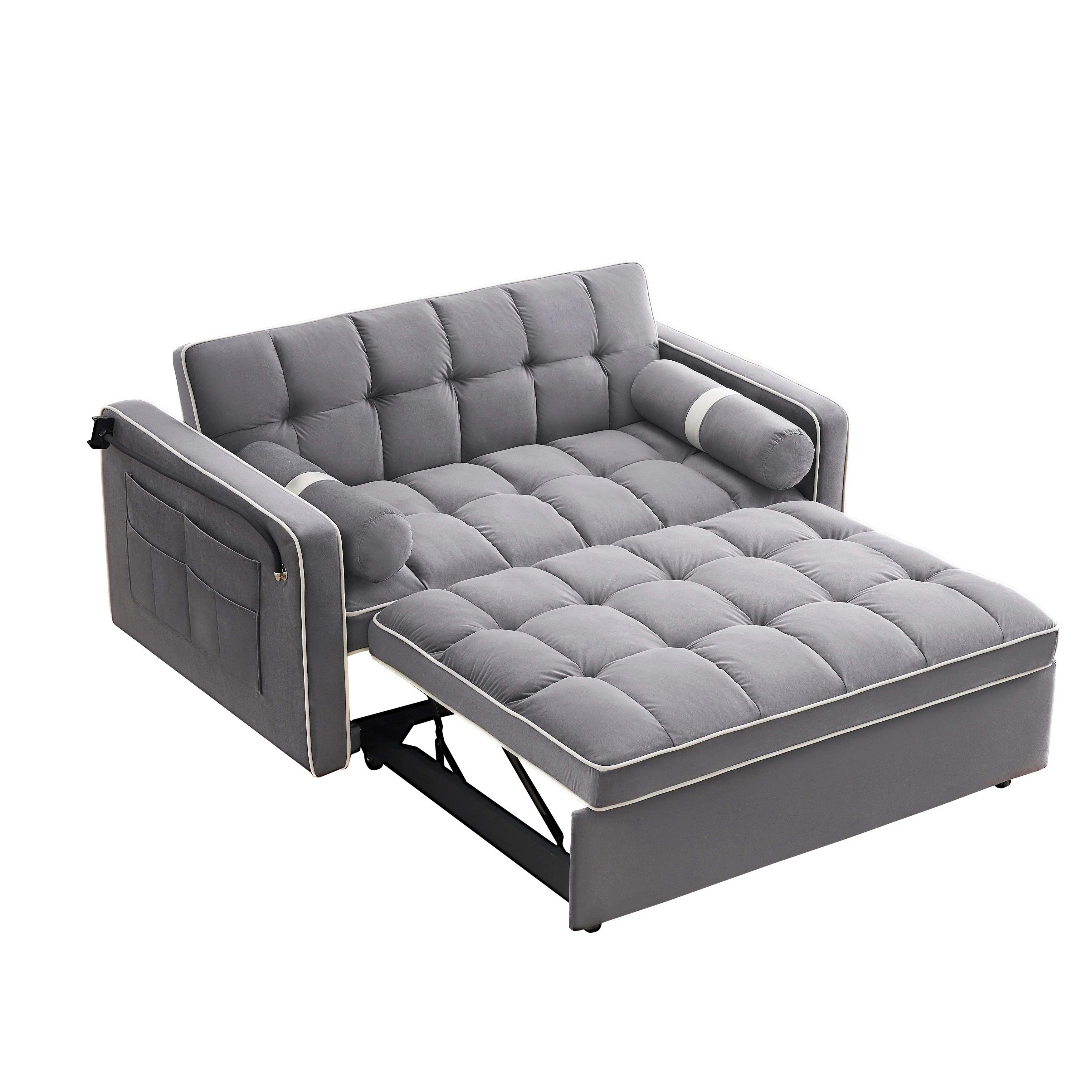 Velvet Convertible 55'' 2-Seater Sleeper Sofa with Pull-Out Bed, Adjustable Recline, Side Pockets, and Phone Holder