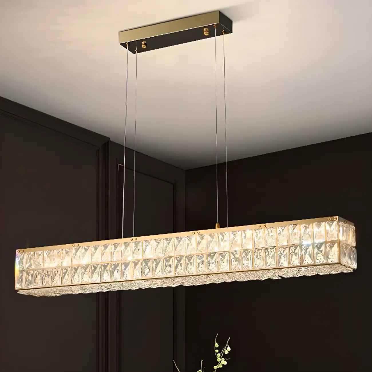 Rectangle Crystal Island Pendant Light Dimmable LED for Kitchen