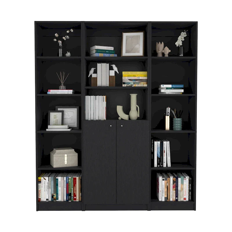 60 Wide 5-Shelf and Cabinet Bookcase Set of 3 Matt Grey - White