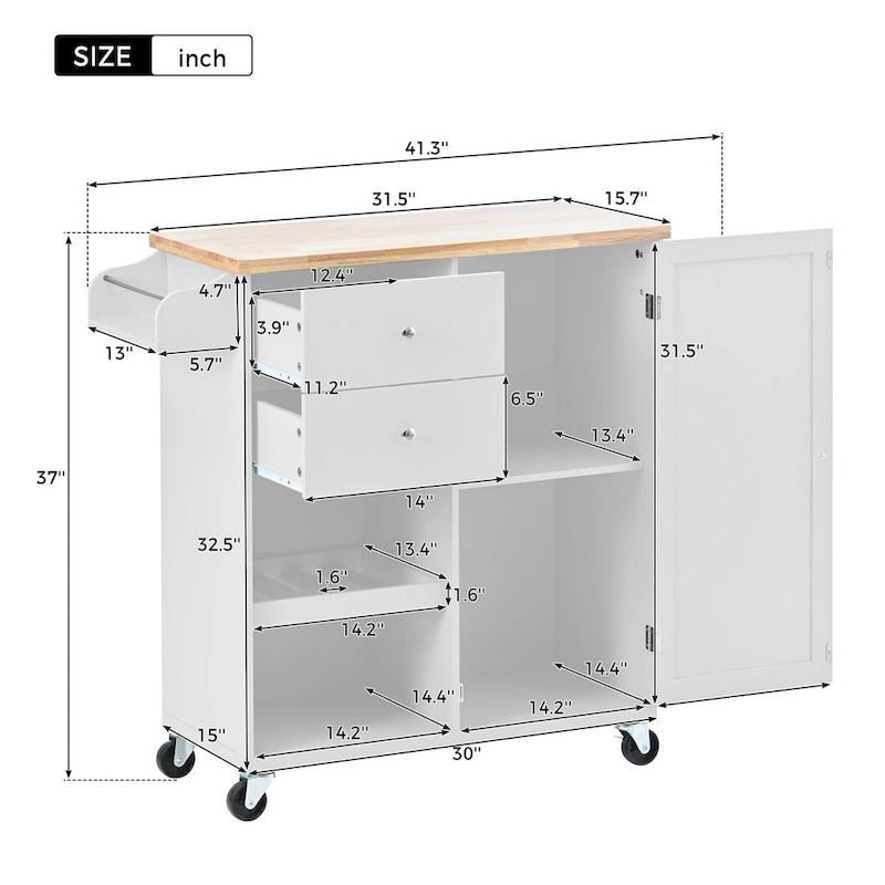 41.3 in. Rolling Kitchen Island with Spice Rack and Two Drawers
