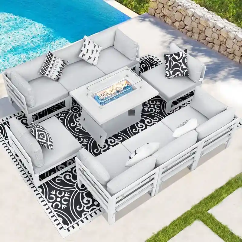 FINCATI 9-piece Extra-large Luxury Aluminum Patio Furniture Set with Deep Seating and Convertible 43 Fire Pit Table