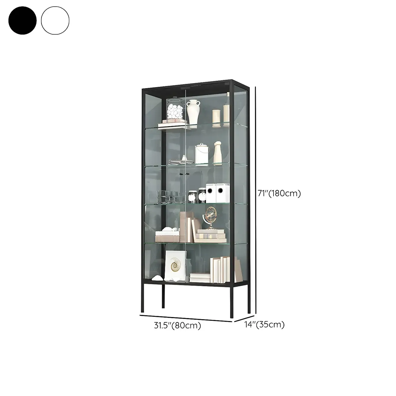 Black Metal Frame Glass Shelves Curio Cabinet