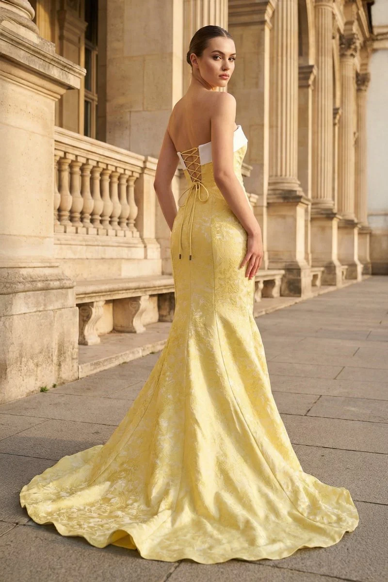 Yellow Strapless Mermaid Satin Long Prom Dresses With Slit
