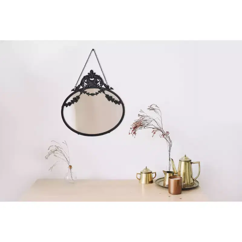 Storied Home Vintage Pewter Framed Wall Mirror with Decorative Chain: Round, No Assembly Required