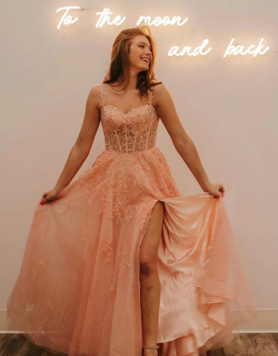 A-Line Spaghetti Straps Glitter Tulle Prom Dress with Slit