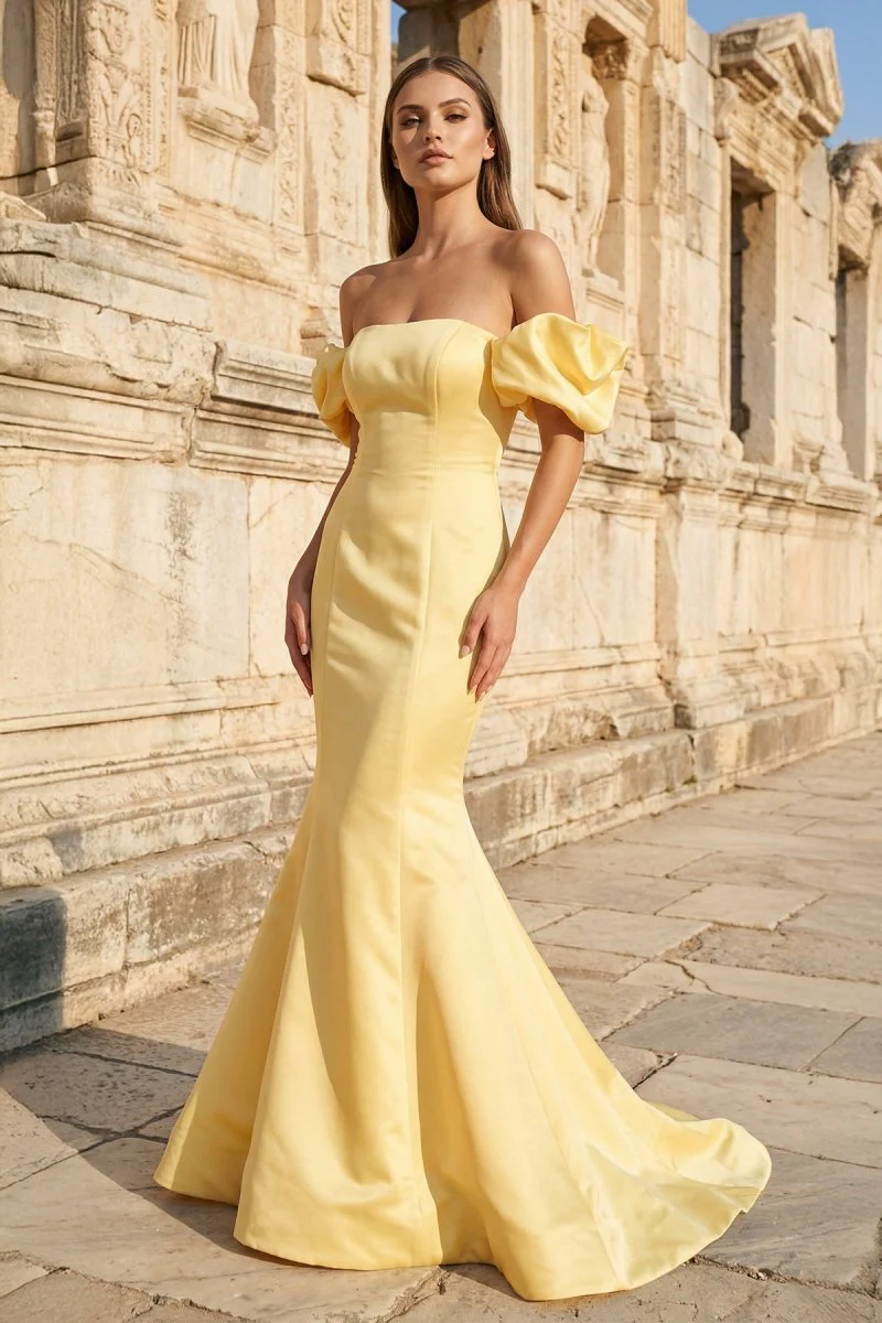 Yellow Satin Strapless Mermaid Pleated Long Formal Prom Dress with Sleeves