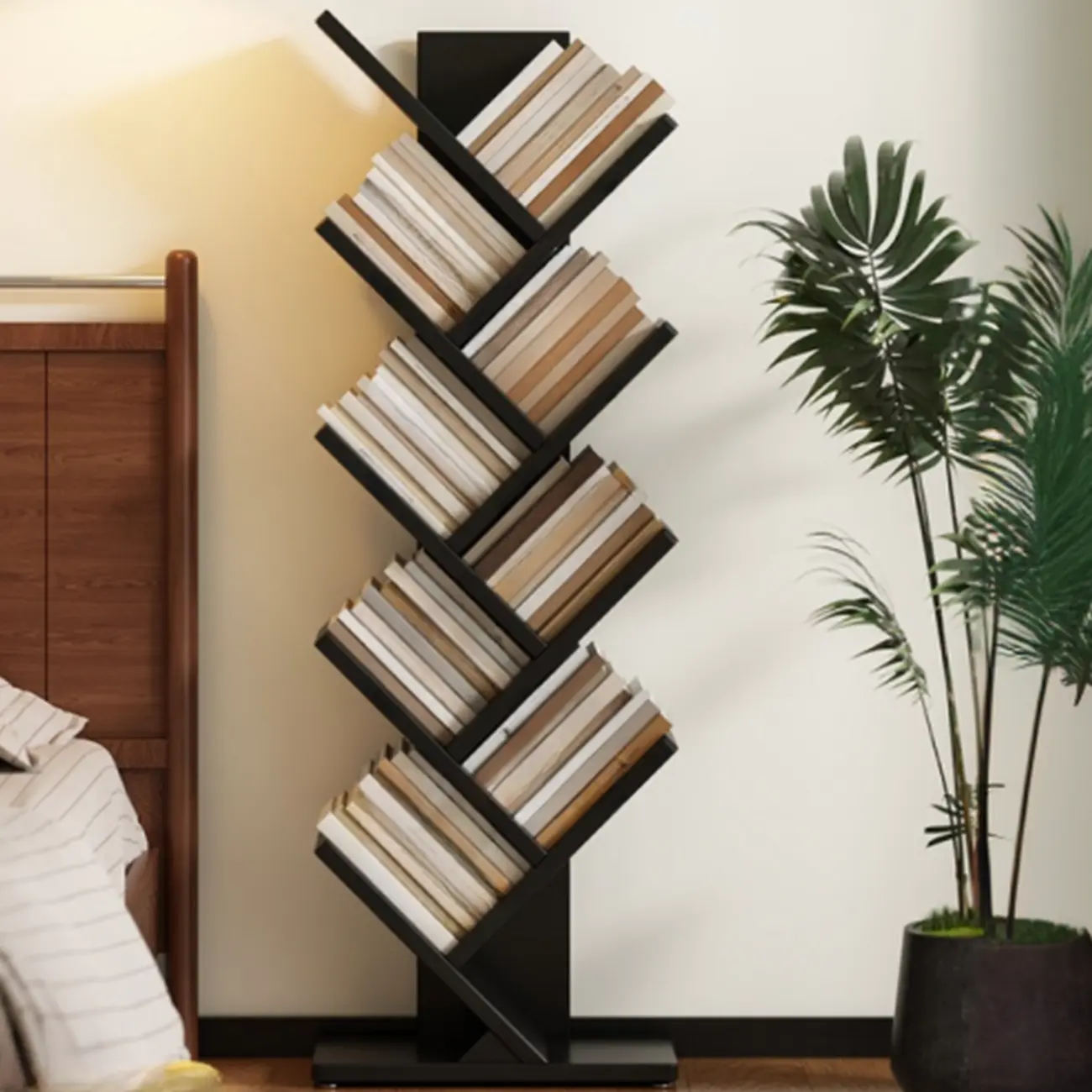 Black Wood Tree-Shaped Vertical Display Bookcase