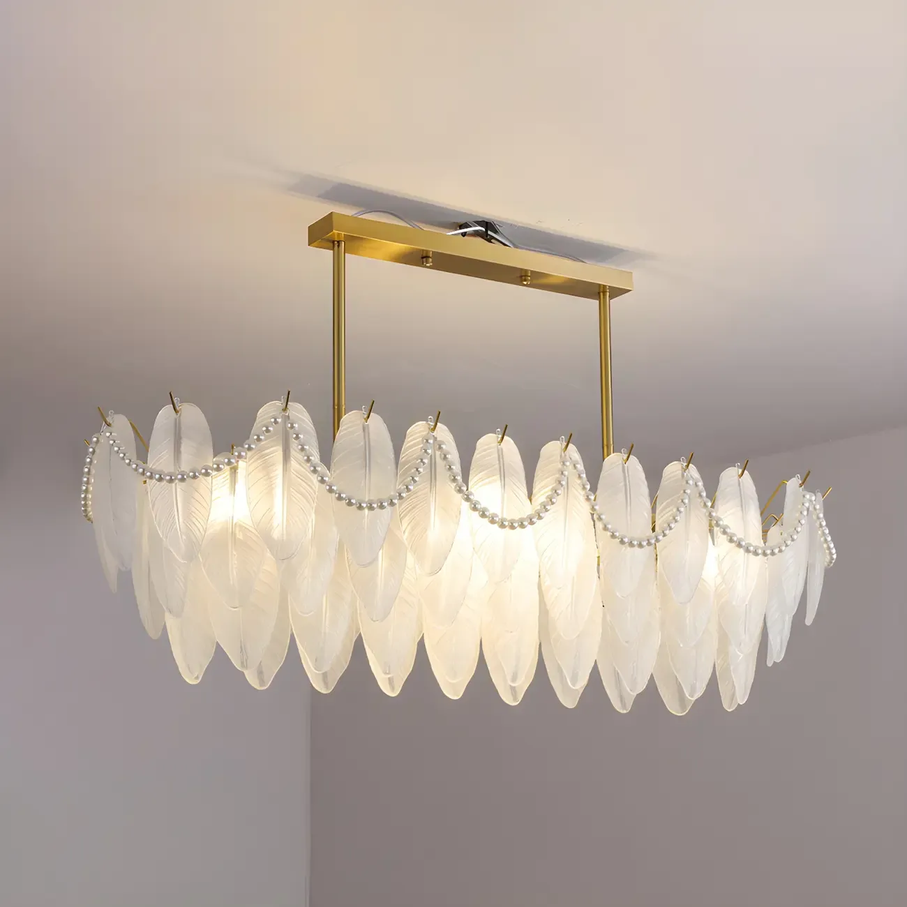 Adjustable Modern Glass Feather Island Chandelier in Gold