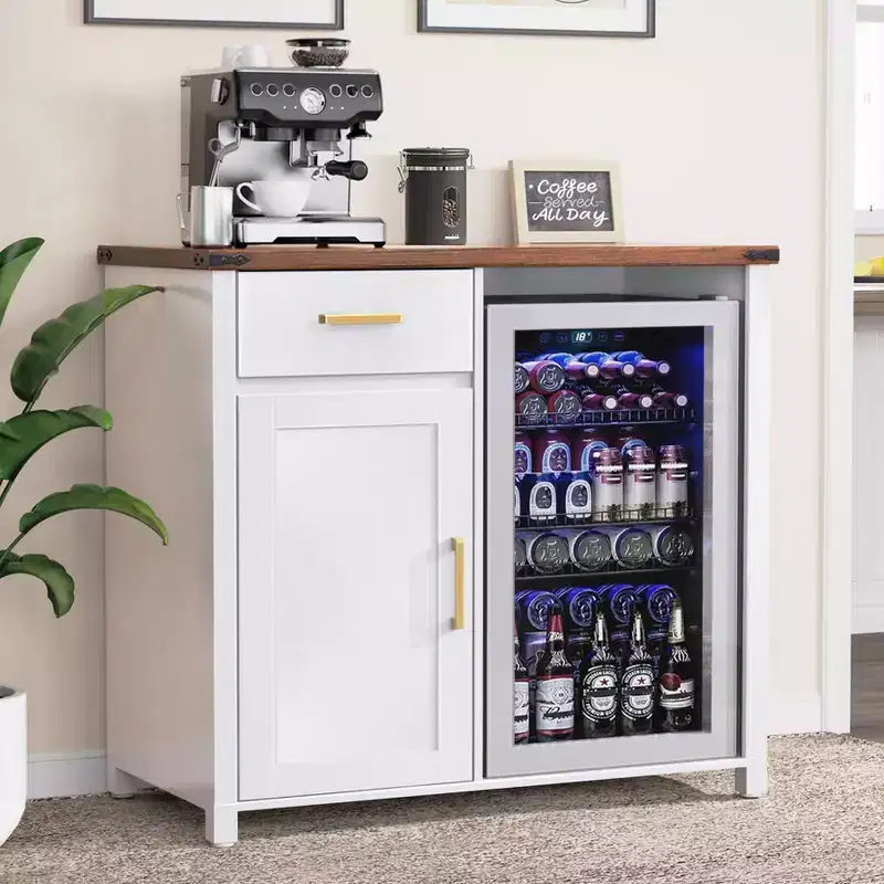 GDLF Coffee Bar with Mini Fridge Space, Mini Fridge Cabinet StandLiquor Wine Cabinet for Dorm, Kitchen or Office, 39.4W X 20.9 D TabletopWhite