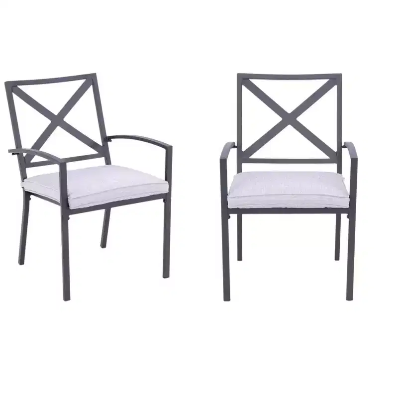 HomeRoots Set of Two Dark Gray Aluminum Outdoor Stacking Dining Chairs with Light Gray Cushion