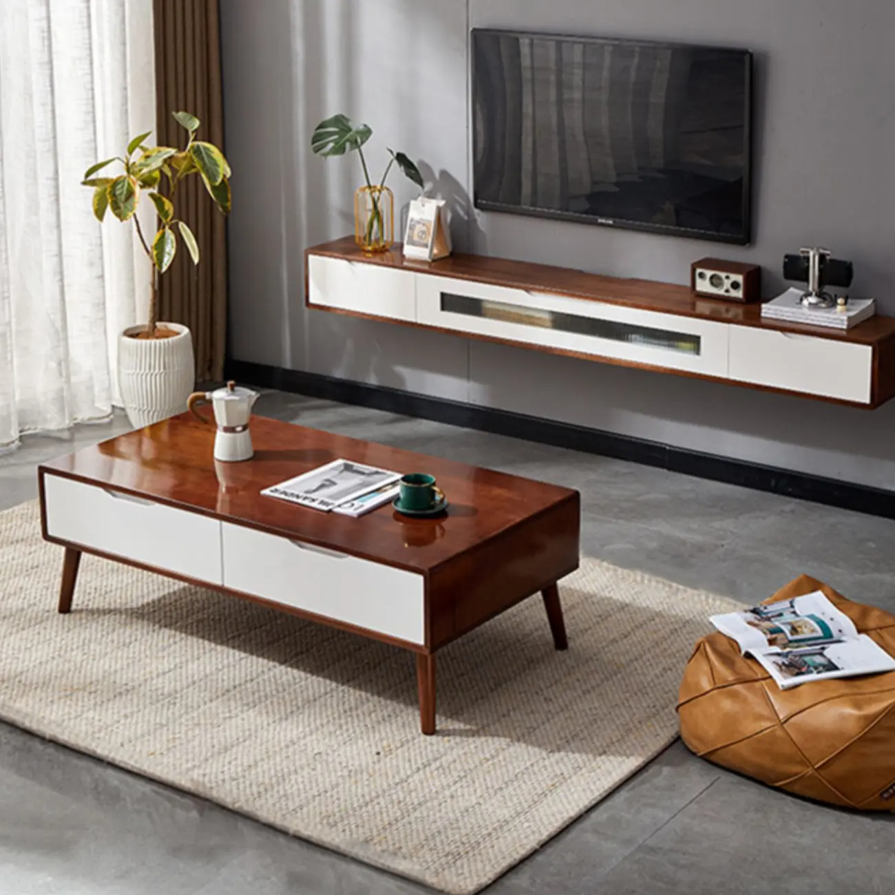 Rubberwood Wall Mount TV Stand Entertainment Center