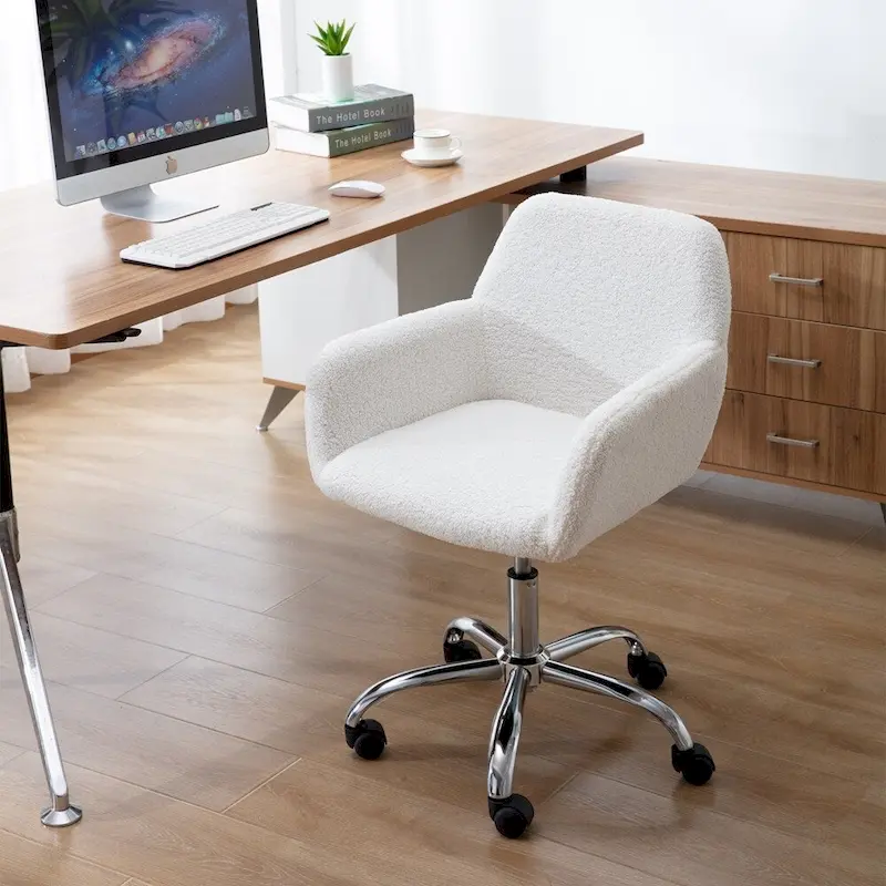 White Faux Fur Swivel Desk Chair with High Back & Adjustable Height, 1-Person