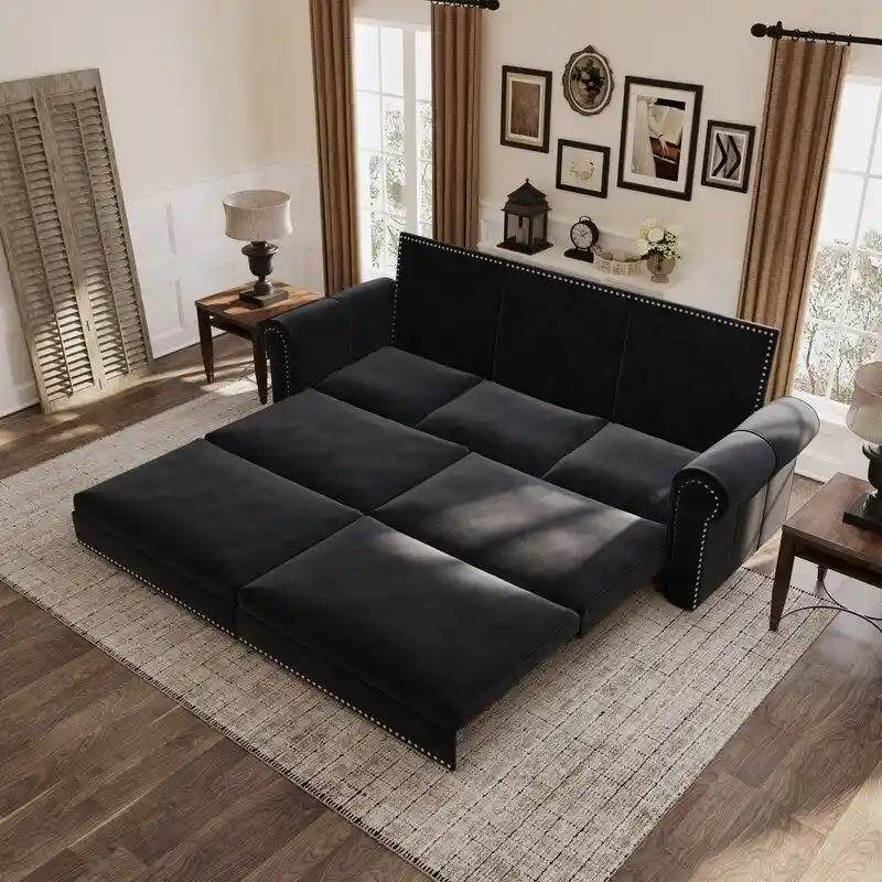 Chesterfield Sofa Bed, King Pull Out Sofa Bed, Velvet/Faux Leather Convertible Sleeper Sofa w/ Nailhead Trim & Rolled Arm