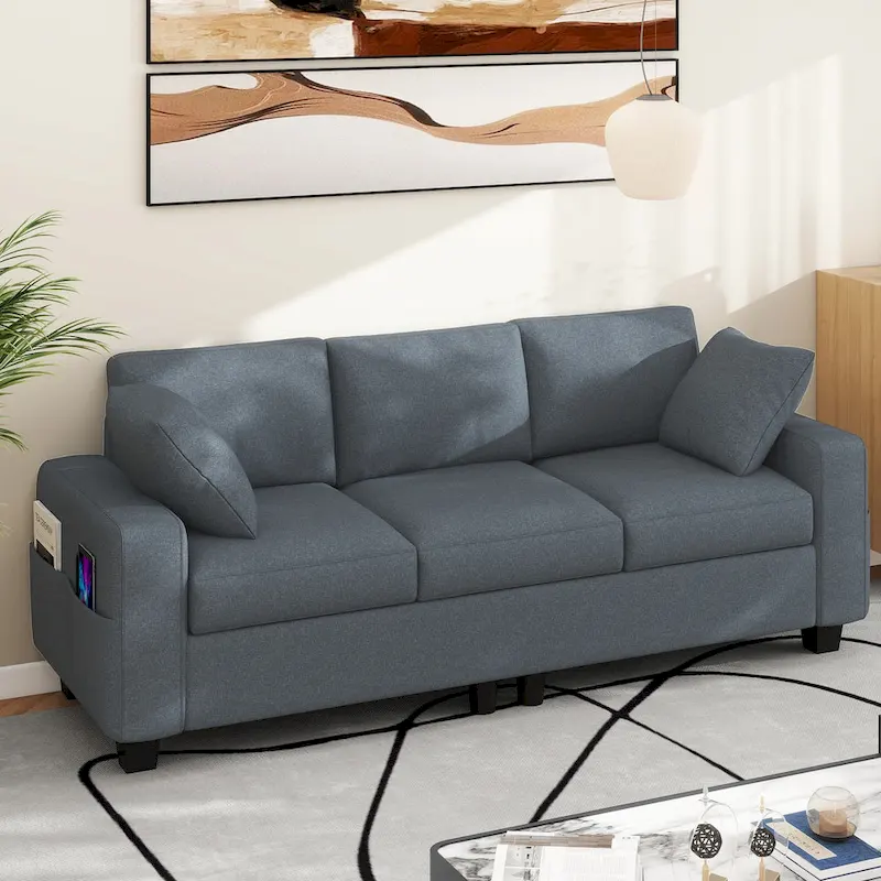 3-Seater Upholstered Sofa with Side Pockets