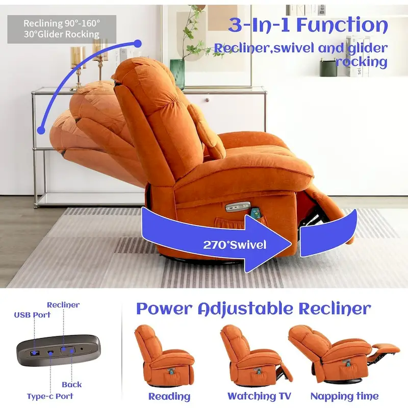 Swivel Power Recliner Chair, Massage Rocker with Heat, USB, USB-C and Side Pocket