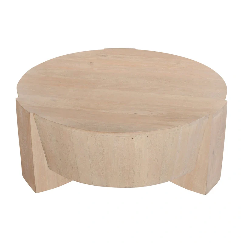 Joana Coffee Table, 35 Inch Round Drum Shape with 3 Legs, Sandblasted Natural Brown Mango Wood