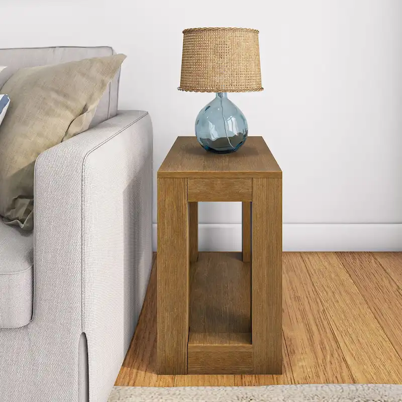 Natural Wood Rectangular Side Table with Bottom Shelf
