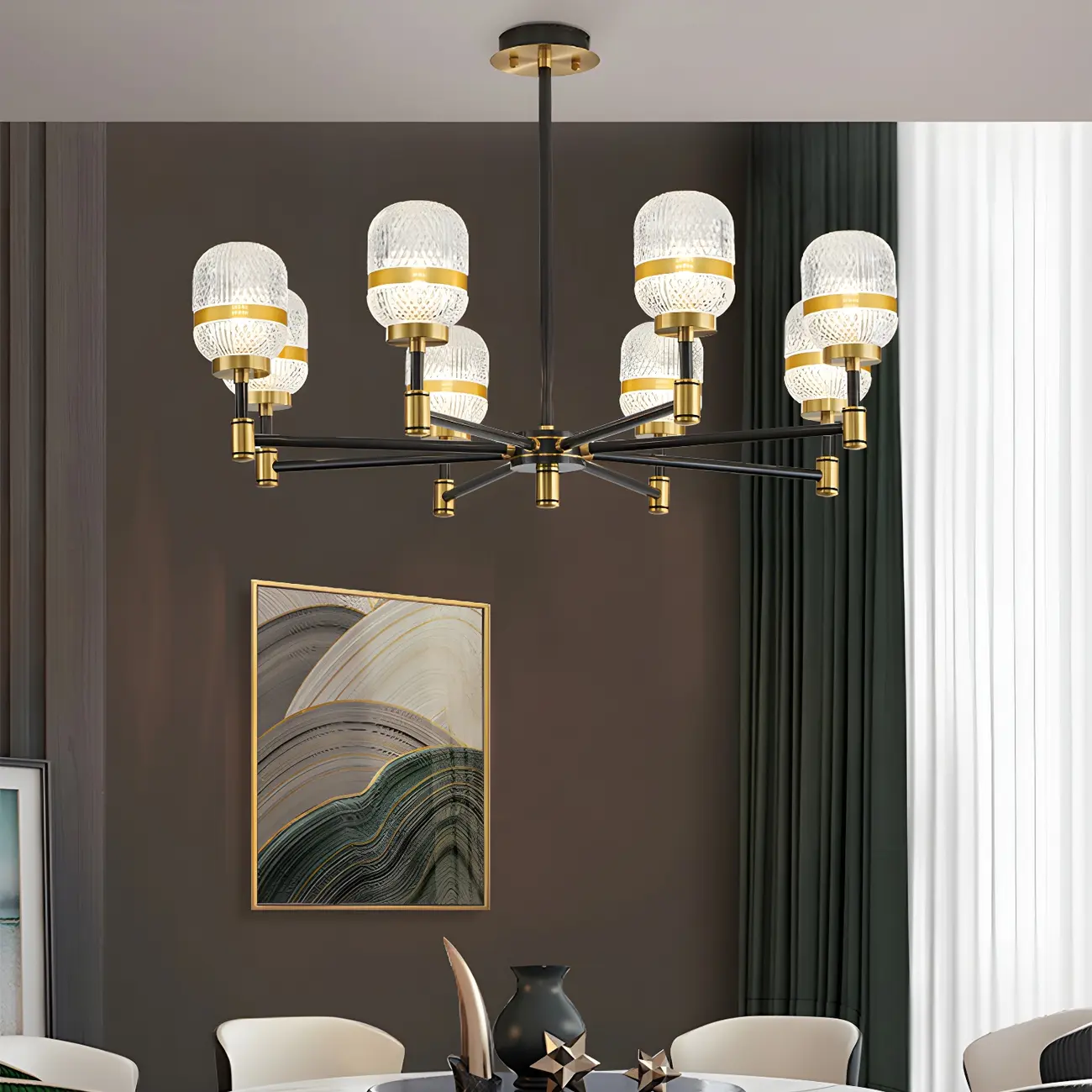 Modern Black Gold Prismatic Glass Sputnik Chandelier