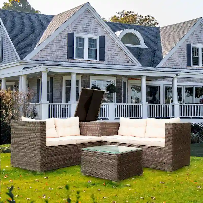 Beige 4-Piece Patio Sectional Wicker Rattan Sofa Set with Storage