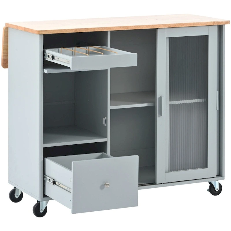 LED Light Kitchen Cart with Drop Leaf and Adjustable Shelf
