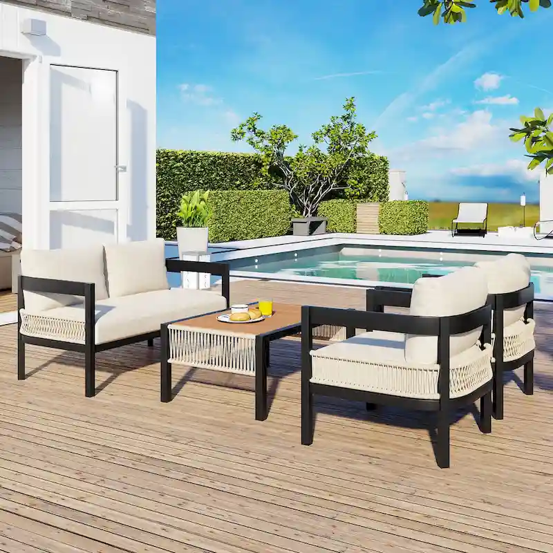 Roomfitters Multi-Person Outdoor Iron Sofa Set with Table, Rattan Decoration, Waterproof, Rust-Proof for Garden, Lawn