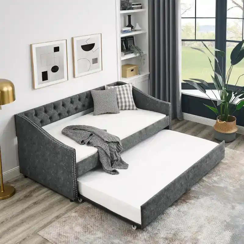 Twin Size Daybed with Twin Size Trundle Upholstered Tufted Sofa Bed, with Button on Back and Copper Nail on Waved Shape Arms