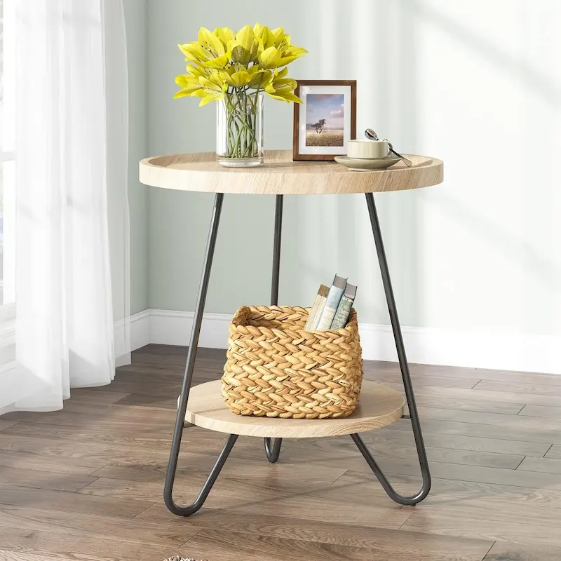 Round Side Table, Wooden End Table, 2-Tier Sofa Side Table with Metal Legs