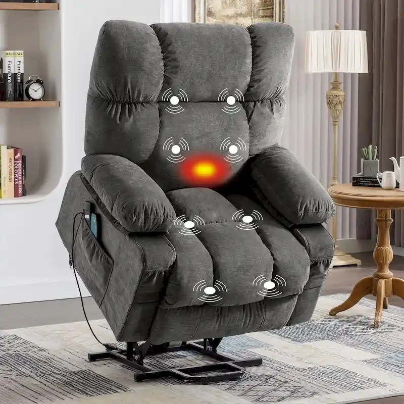 Blue Electric Lift Recliner with Heat, Massage, Infinite Recline Options, USB Ports, and Side Pockets