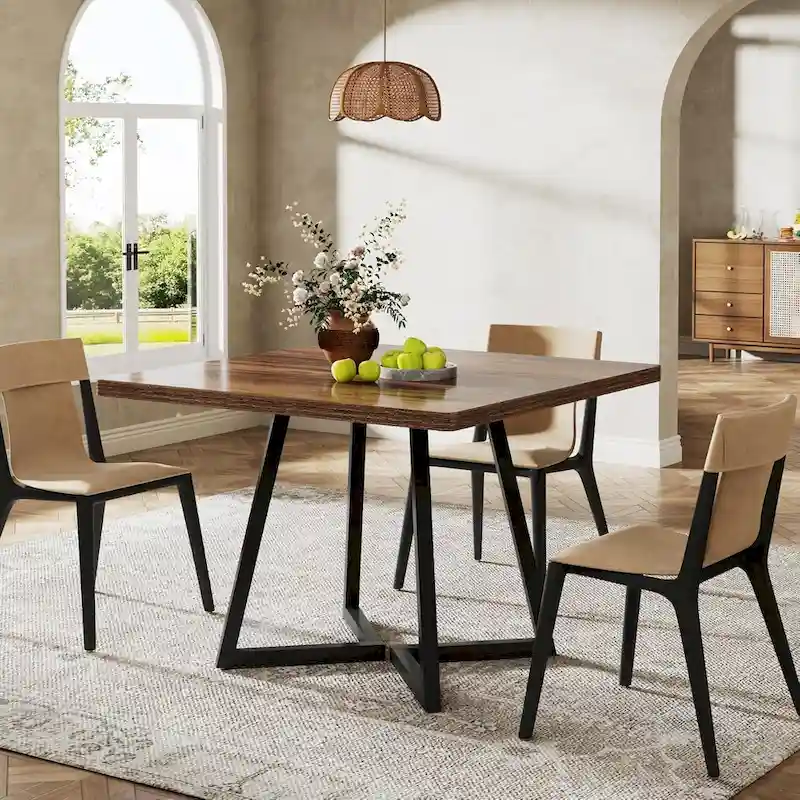 Rustic Brown Square Dining Table for 2-4 People with Black Metal Frame