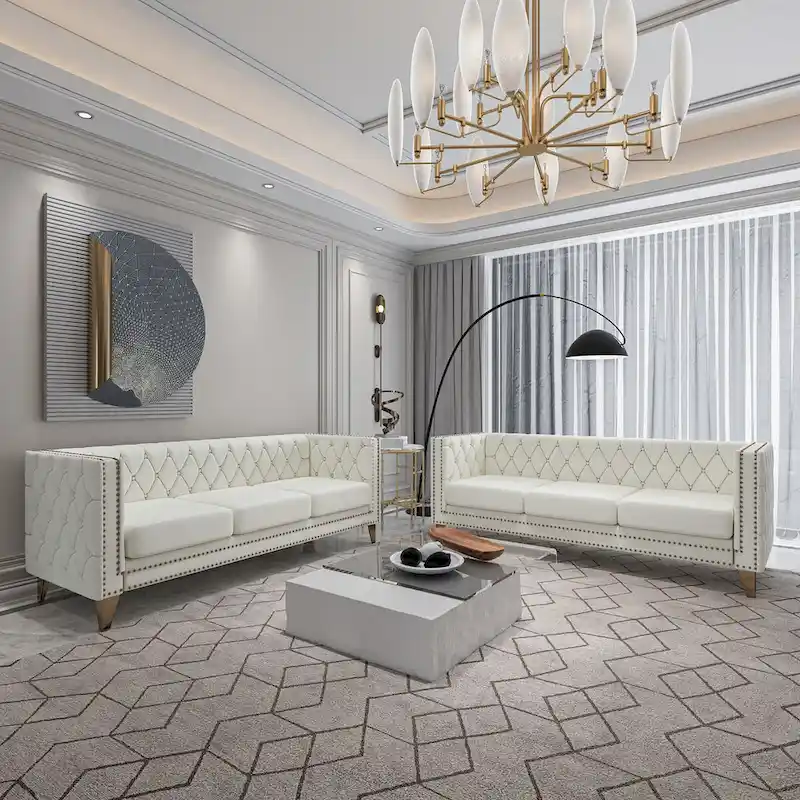 2-Pieces Velvet Upholstered 3 Seat Sofa, Classic Chesterfield Couch Buttons Tufted Square Arm Sofa with Nailheads and Metal Legs