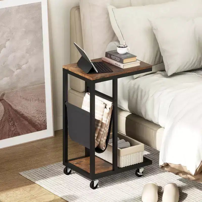 Costway 1/2 PCS C-shaped Side Table 2-tier Sofa Couch Table with Canvas Storage Pouch Brown