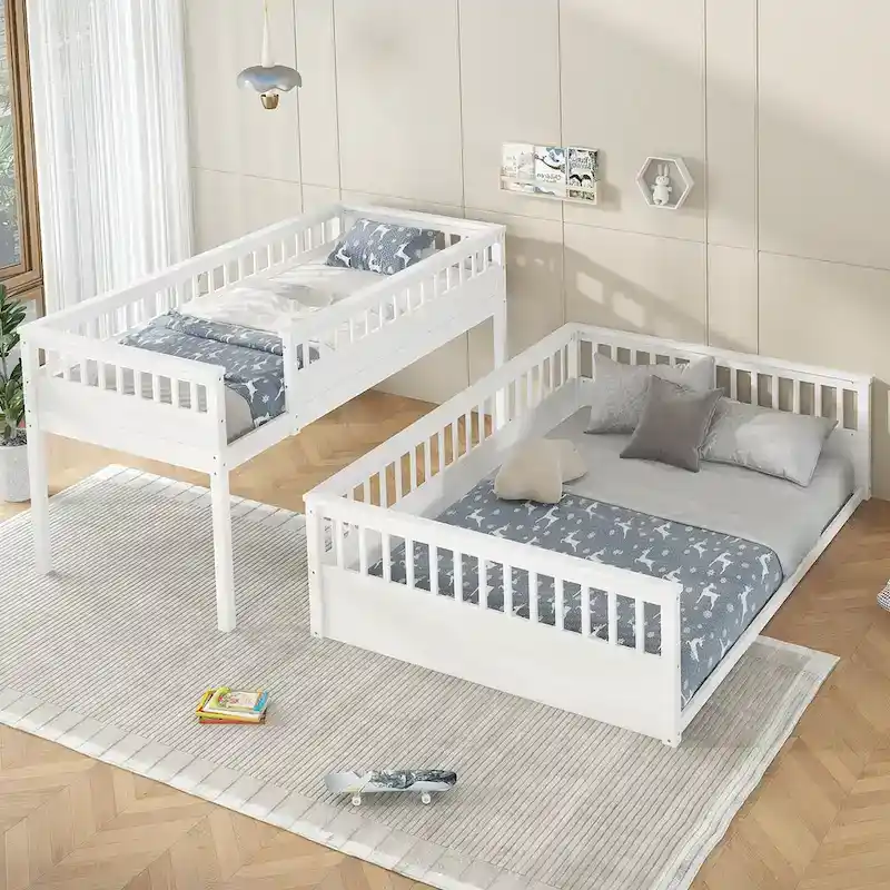 Twin XL over Queen Bunk Bed with Ladder and Guardrails, White