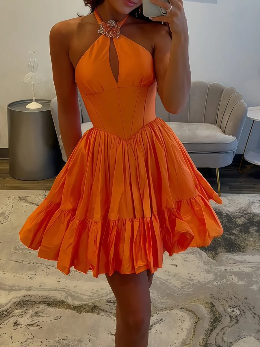Orange - Halter A Line Ruffled Short Homecoming Dress With Beading