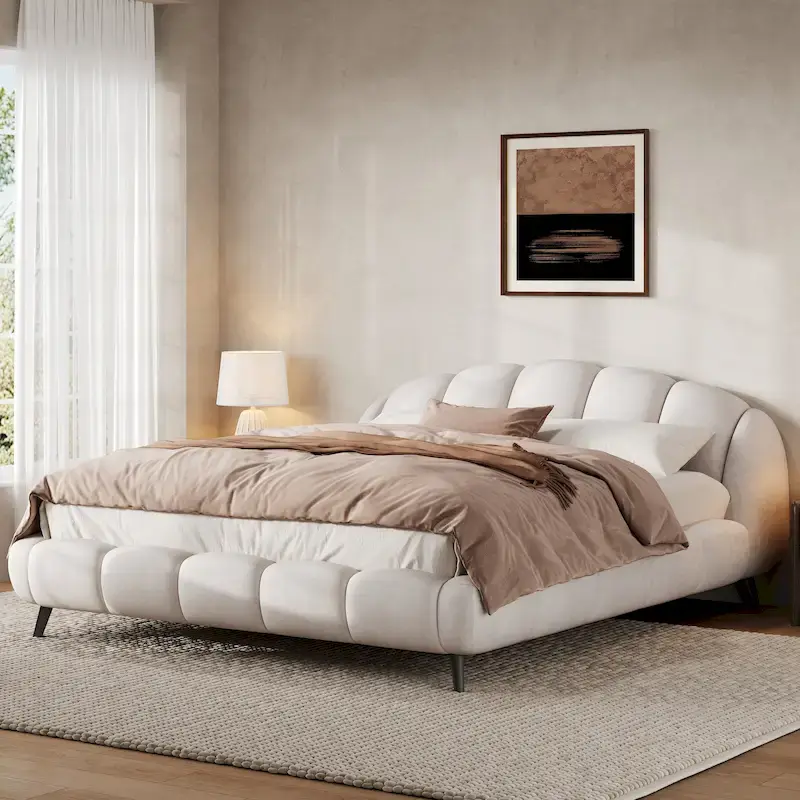 Christopher Knight Home - Alexander King Upholstered Platform Bed with Shell-Shape Headboard and Solid Wood Frame