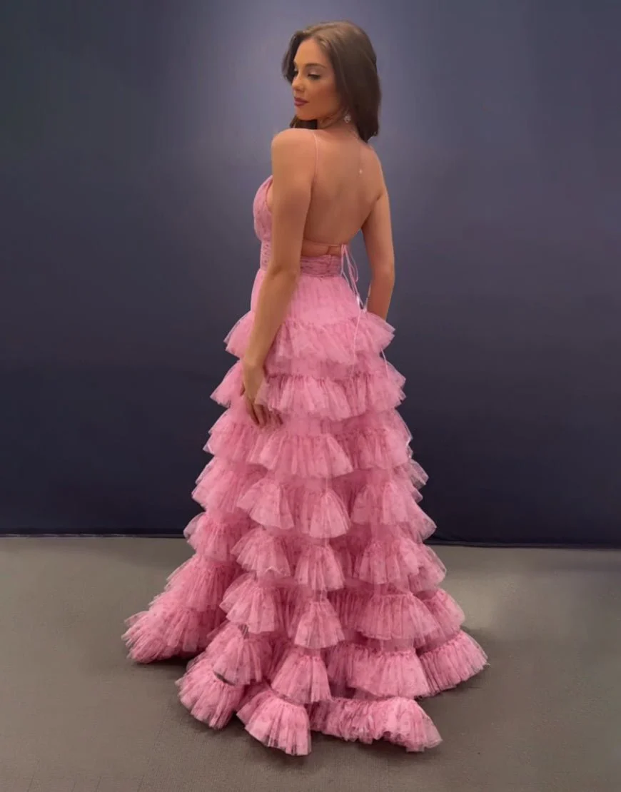 Pink A Line Spaghetti Straps Open Back Tiered Long Prom Dress