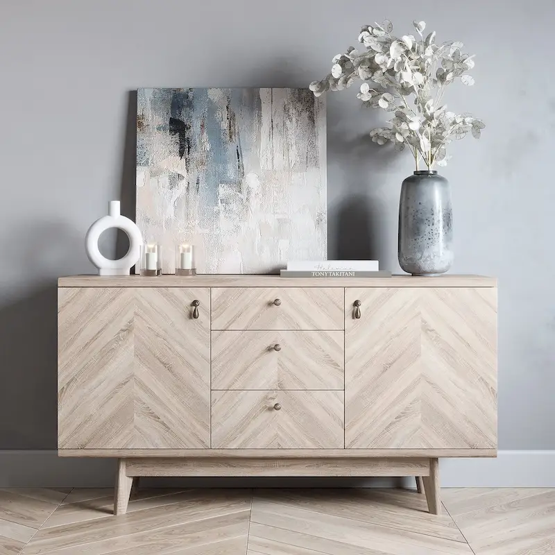 Herringbone Sideboard TV Stand with 3 Drawers & 2 Doors – Walnut / Beige / Brown, Modern Style, Single
