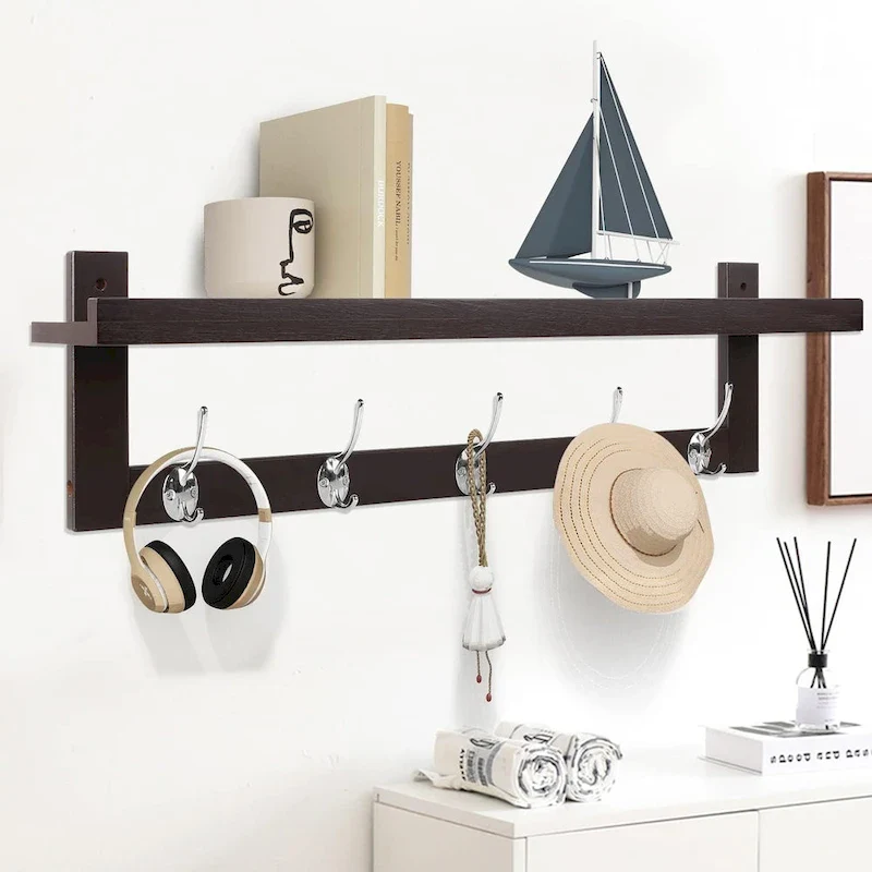 Coat Hooks with Shelf Wall-Mounted, Bamboo Hanging Shelf with 5 Double Metal Hooks