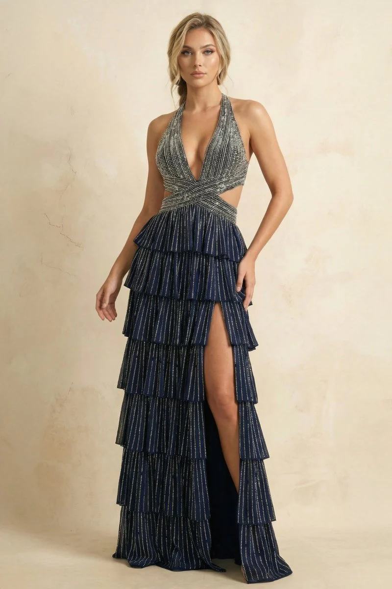 Navy Blue - A-Line V Neck Satin Beaded Long Prom Dresses With Ruffles
