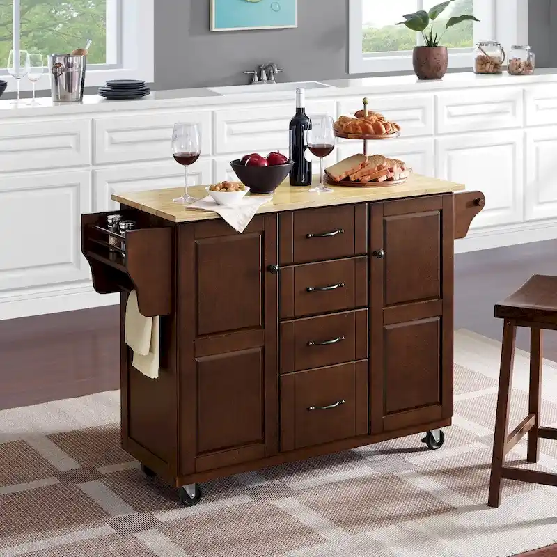 Kitchen Cart with Wood Countertop and Storage