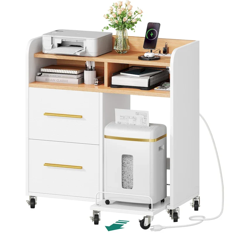 White & Black 2-Drawer Rolling File Cabinet with Charging Ports