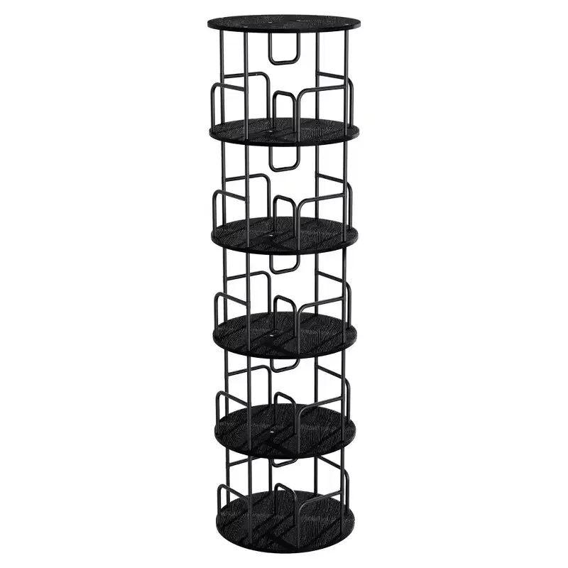 VIYET 62 5-Tier 360 Rotating Bookshelf Tower, Black MDF+Iron Narrow Tall Spinning Bookcase (Space-Saving Storage Organizer)