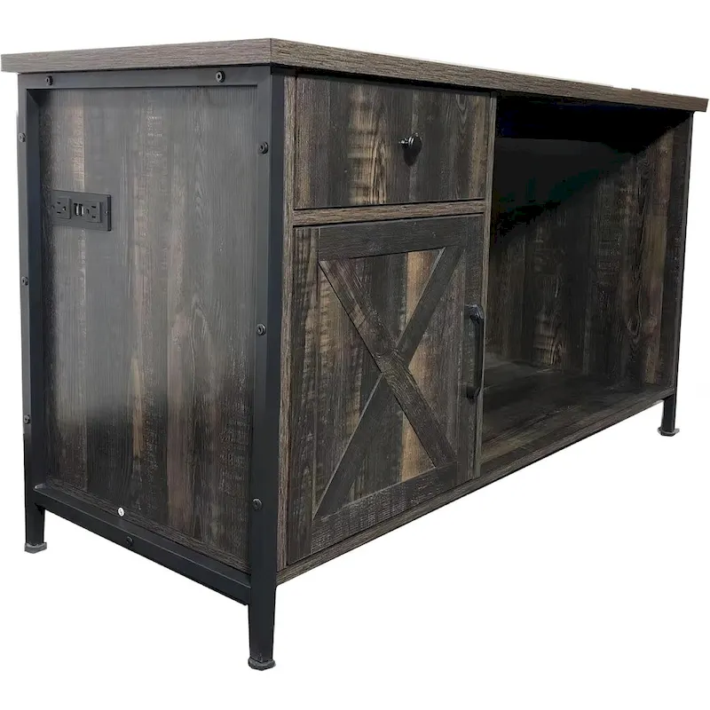 TV Stand, Rustic Farmhouse Style, Barn Door Design, LED Strip, 2 Power Outlets, 2 USB Ports, Drawers, Open Shelves, Fits TVs up to 80 in, Grey, 1-Person Use