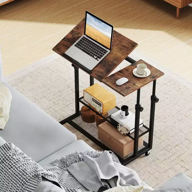 Costway Mobile Stand up Desk with Tilting Tabletop Storage Shelves Wheels for Living Room Gray/Brown