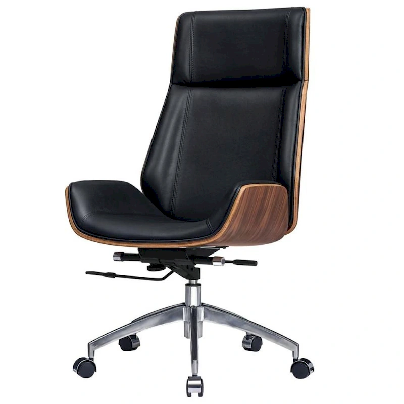 Genuine Leather High Back Executive Office Chair in Solid Walnut Wood