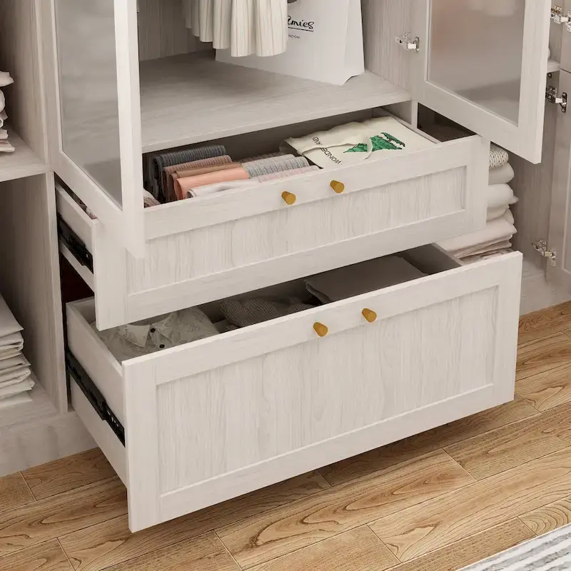 Large Frosted Glass Wardrobe with Soft-Close Hinges | MDF Construction | Light Gray Wood Grain | Gold Handles | Customizable Walk-In Closet