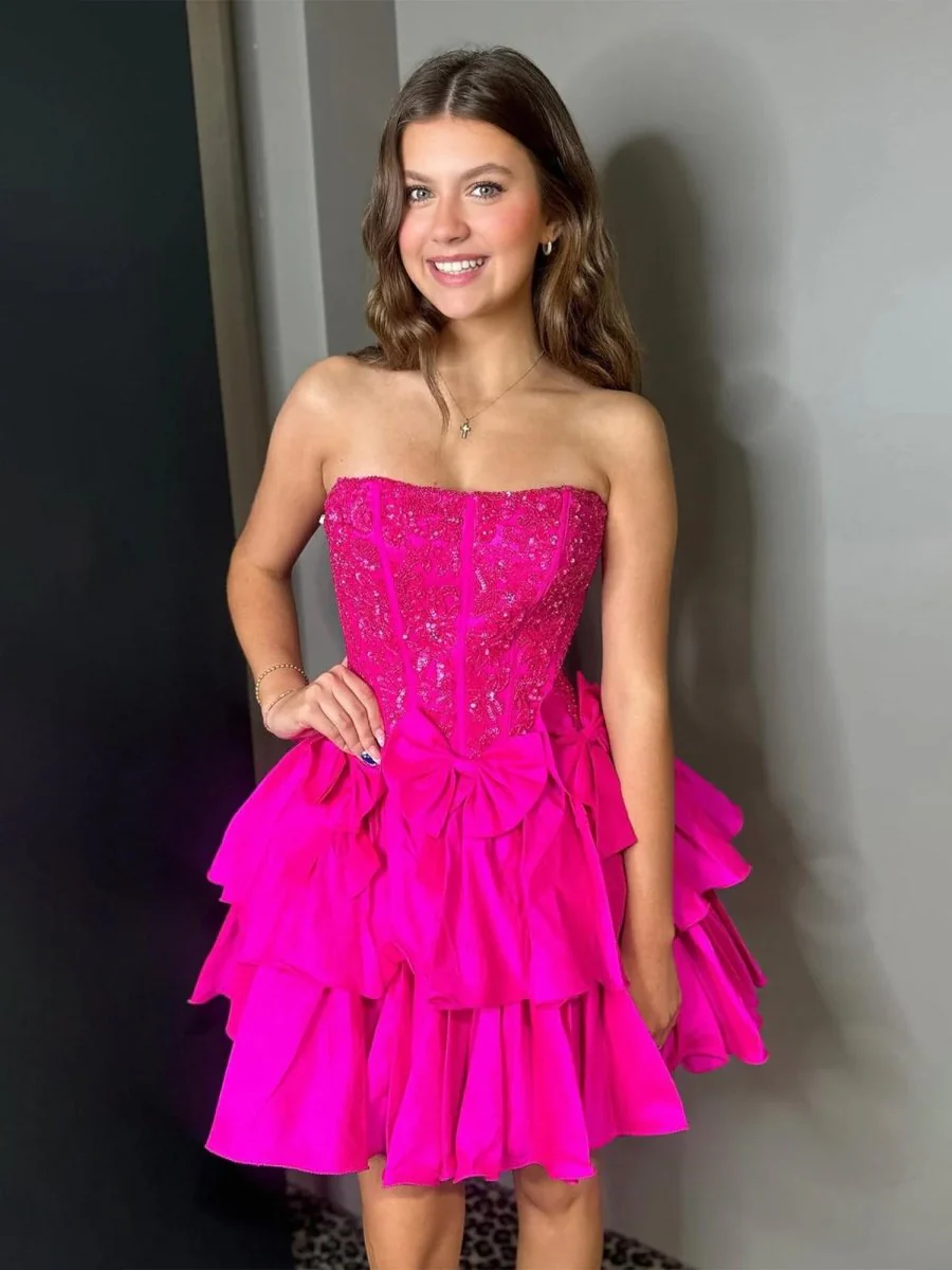 Fuchsia - Strapless Sequins A-Line Homecoming Dress With Bow