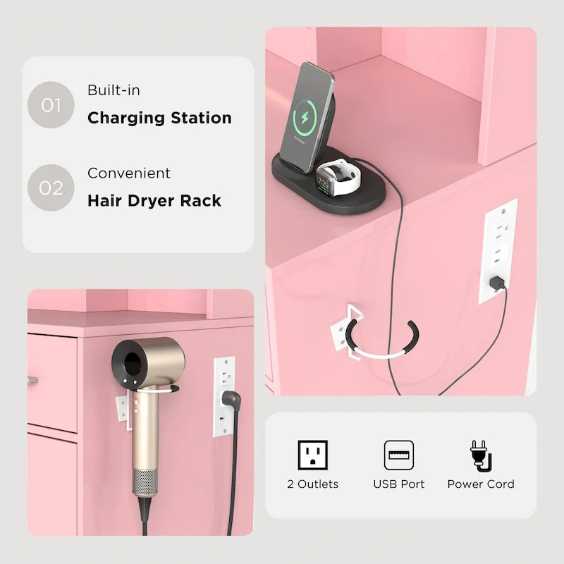 Roundhill Furniture Lavin Makeup Vanity Set, LED Light Mirror and Charging Station