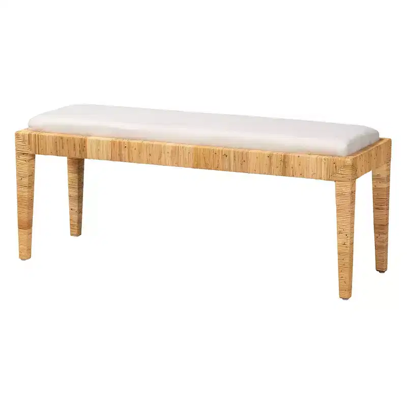 Sofia Rattan and Mahogany Wood Bench White/Natural Brown - Baxton Studio: Handmade, No Assembly Required